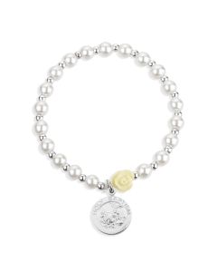 5mm White Pearl Bracelet with an off White Our Father Bead and a Holy Baptism Charm-P65