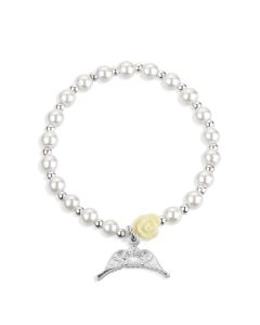 5mm White Pearl Bracelet with an off White Our Father Bead and a Angel Wings Charm-P65
