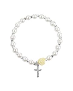 5mm White Pearl Bracelet with an off White Our Father Bead and a Crucifix-P65