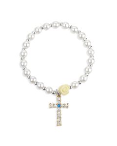 5mm White Pearl Bracelet with an off White Our Father Bead and a Gold Jeweled Cross-P65