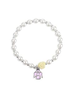 5mm White Pearl Bracelet with an off White Our Father Bead and a Pink Guardian Angel-P65