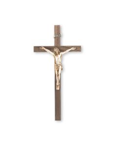 10" Walnut Wood Cross with Museum Gold Finish Antiqued Corpus
