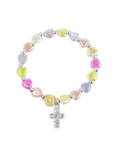 6mm Multicolor Heart Shape Bead Bracelet with a Jeweled Cross-P65