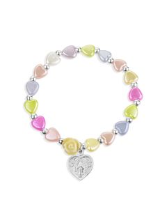 Multicolor Pearlescent Bead Rosary Bracelet with a Heart Shaped Miraculous Medal-P65