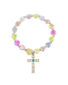 6mm Pearlescent Multi-Colored Heart Shaped Bead Bracelet with Rose and Jeweled Cross-P65