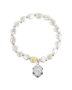 White Pearlescent Bead Rosary Bracelet with a Scalloped Miraculous Medal-P65