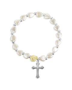 White Pearlescent Bead Rosary Bracelet with a Beveled Cross-P65