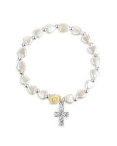6mm Pearlescent White Heart-Shaped Bead Bracelet with Rose and Cross Pendant-P65