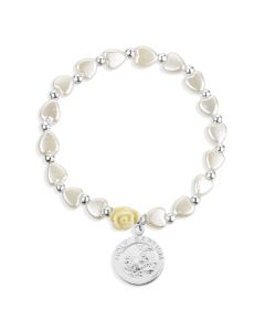 6mm Pearlescent White Heart Shaped Beads Bracelet with Rose and Holy Baptism Pendant-P65