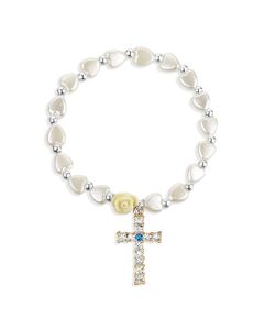 White Pearlescent Bead Rosary Bracelet with a Jeweled Cross-P65