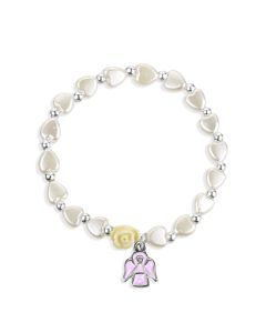 White Pearlescent Bead Rosary Bracelet with a Pink Guardian Angel Figure Charm-P65