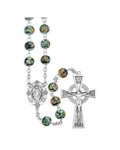 8mm Glass Emerald Marbelized Bead Rosary with Silver Ox Center and Celtic Crucifix