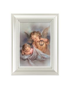 5 1/2 X 7" Pearlized White Frame with a Guardian Angel with Lantern Print