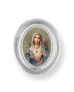 3 1/2" x 4 1/2" Silver Oval Frame with an Immaculate Heart of Mary Print-P65