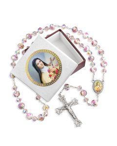 Saint Therese Floral Glass Bead Rosary, Boxed