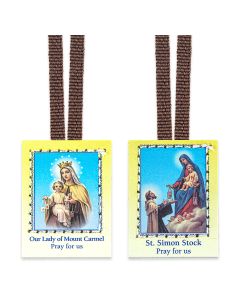 1 1/8" X 1 1/2" Our Lady of Mt. Carmel and St. Simon Stock Scapular with Brown Cords