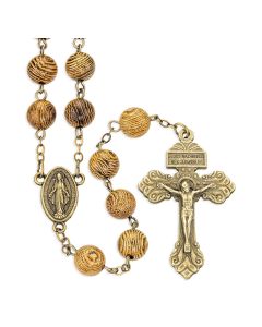 8mm Brown Wood Bead Rosary with Dark Wood Grains, Antique Copper Crucifix and Centerpiece, Boxed