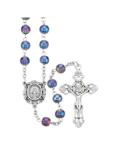 8mm Glass Sapphire Aurora Borealis Bead Rosary with Silver Ox Center and Crucifix, Boxed