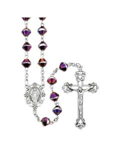 8mm Bi-cone Amethyst Crystal Bead Rosary with Silver Ox Center and Crucifix, Boxed