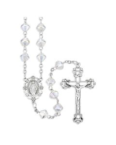 8mm Bi-cone Clear Crystal Bead Rosary with Silver Ox Center and Crucifix