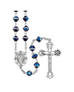 8mm Bi-cone Dark Sapphire Crystal Bead Rosary with Silver Ox Center and Crucifix, Boxed