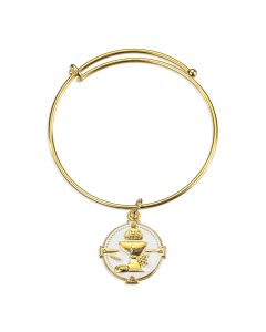 Gold Charm Bracelet with Pearlized Epoxied Round Communion Chalice Medal