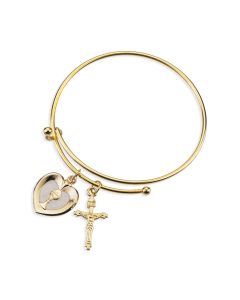 Gold Charm Bracelet with Pearlized Epoxied Heart Shaped Communion Chalice Medal