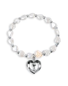 White Pearlescent Bead Rosary Bracelet with a Heart Shaped Chalice Charm-P65