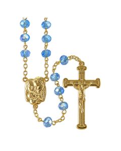 Sapphire Glass Bead Gold Tone Rosary, Boxed
