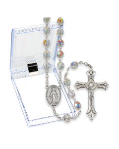 7mm Crystal Bead Aurora Borealis Rosary in a Plastic Hinged Box Box 21"