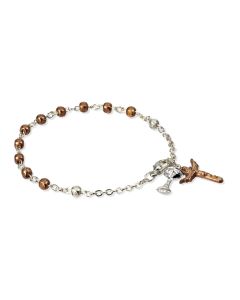 Copper and Silver Oxidized Bead Rosary Bracelet with Chalice and Crucifix