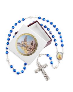 Blue Pearlized Glass Bead Saint Michael Rosary, Boxed