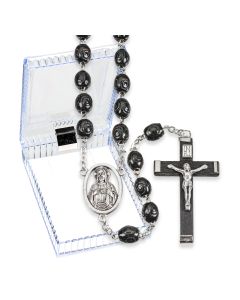 Black Wood Carved Bead Rosary, Boxed