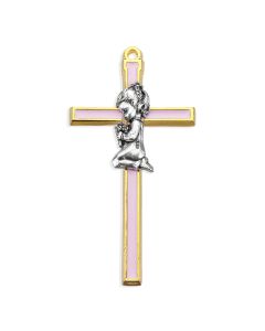 4" Gold Tone Pink Epoxied Cross with Praying Girl Figure