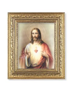 12 1/2" x 14 1/2" Ornate Gold Leaf Antique Frame with 8" x 10" Sacred Heart Print