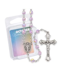 6mm October Rose Glass Aurora Borealis Birthstone Rosary