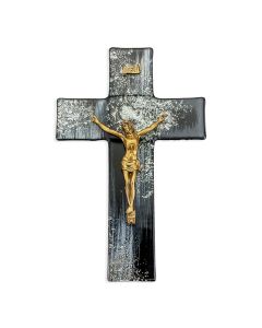 10" Black and Silver Shimmer Pattern Glass Cross with Museum Gold Tone Corpus-P65