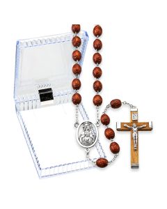 Brown Wood Carved Bead Rosary, Boxed