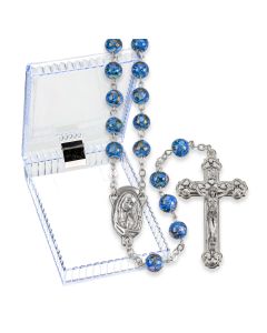 Blue Mosaic Glass Bead Rosary, Boxed