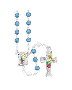 6mm Pearlized Blue Glass Bead with White Our Father Beads Rosary with Deluxe Epoxied Crucifix and Center, Boxed