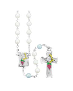 6mm Pearlized White Glass Beads with Blue Our Father Beads Rosary with Deluxe Epoxied Crucifix and Center, Boxed