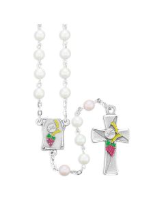 6mm Pearlized White Glass Beads with Pink Our Father Beads Rosary with Deluxe Epoxied Crucifix and Center, Boxed