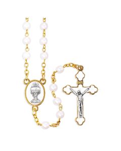 5mm Round Opaline White Glass Bead Communion Gold Rosary with Epoxied Centerpiece and Crucifix