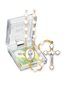 5mm Round Opaline White Glass Bead Communion Gold Rosary with Epoxied Centerpiece and Crucifix, Boxed