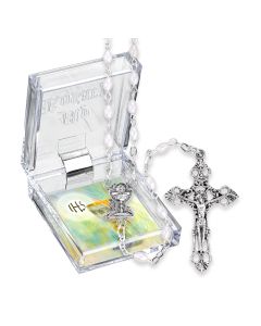 5mm x 4mm Oval Opaline White Glass Bead  Silver Communion Rosary Boxed