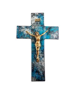 10" Blue and Silver Shimmer Pattern Glass Cross with Museum Gold Tone Crucifix-P65