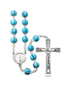 8mm Round Aqua Grained Wood Bead Rosary, Boxed