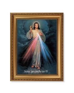 15 1/2" x 19 1/2" Antique Gold Leaf Beveled Frame with Bead Inlay and 12" x 16" Divine Mercy in Spanish Textured Art