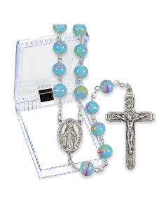 Aqua Colored Swirl Glass Bead Rosary Boxed