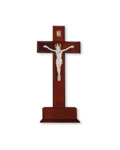 10" Standing Dark Cherry Wood Cross with a Silver Finish Italian Corpus